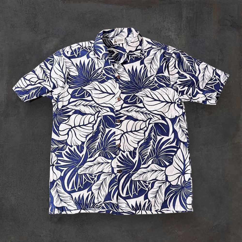 Aloha Republic No Tag‎ L Blue White Flowers Leaves Cotton Hawaiian Shirt Camp